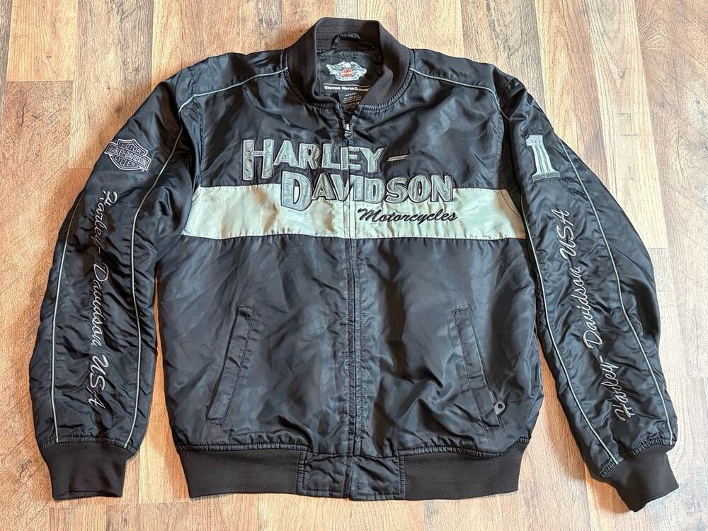 Mens HARLEY DAVIDSON Black Nylon Embroidered Motorcycle Jacket Size Medium